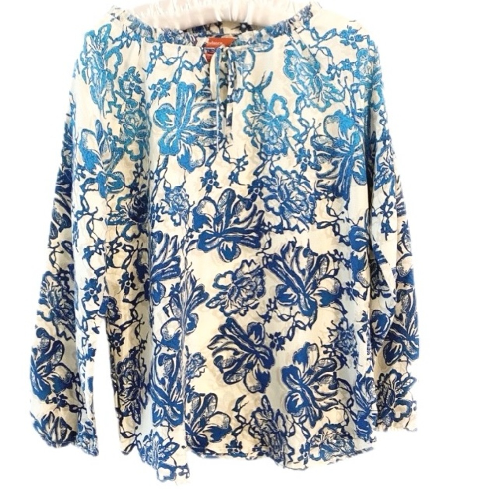 Sundance 100% Silk Cream & Blue Floral Blouse Size XS